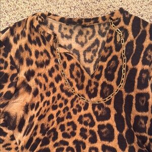 Roberto Cavalli Leopard Print Long Sleeve Wool Top with Neck Chain size XL